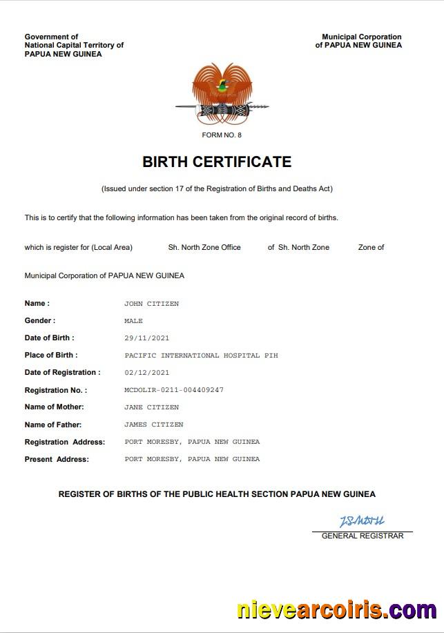 Papua New Guinea vital record birth certificate